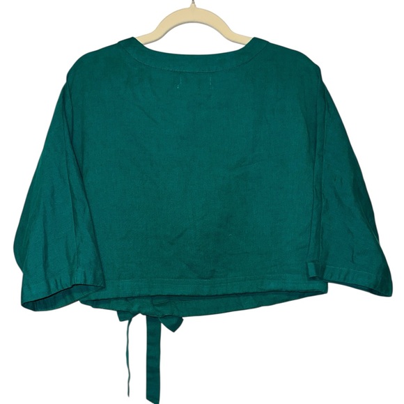 Urban Outfitters Teal/Green Cotton & Linen Blend Cropped Wrap Blouse size L - Picture 2 of 6